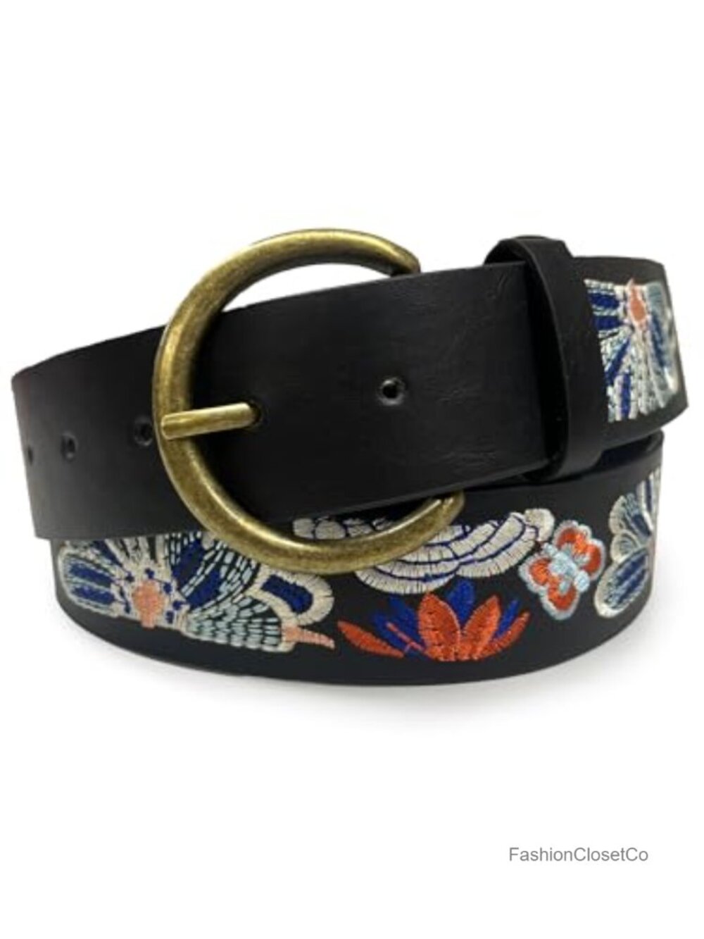 Embroidered Floral PU Leather Belt for Women Vintage Bronze Buckle